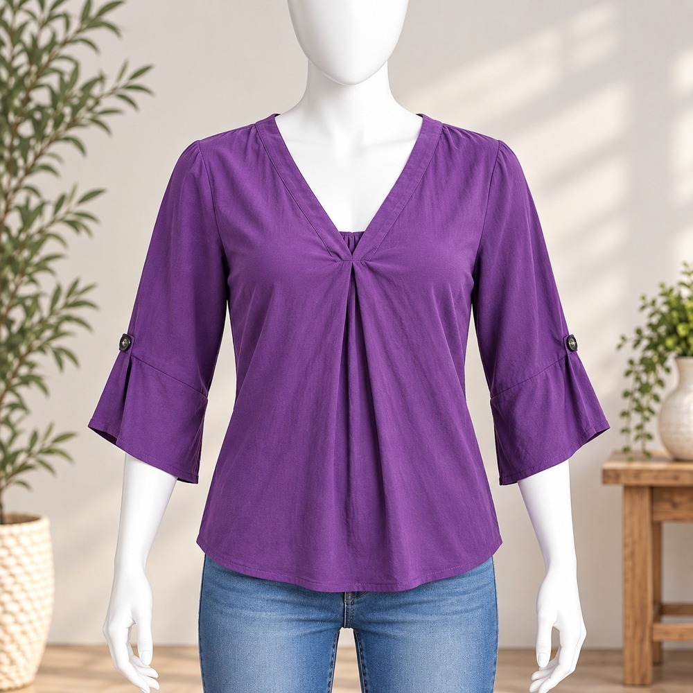 Everly Blouse Womens M Purple 3/4 Roll Tab Sleeve V-Neck Pleated Front Top